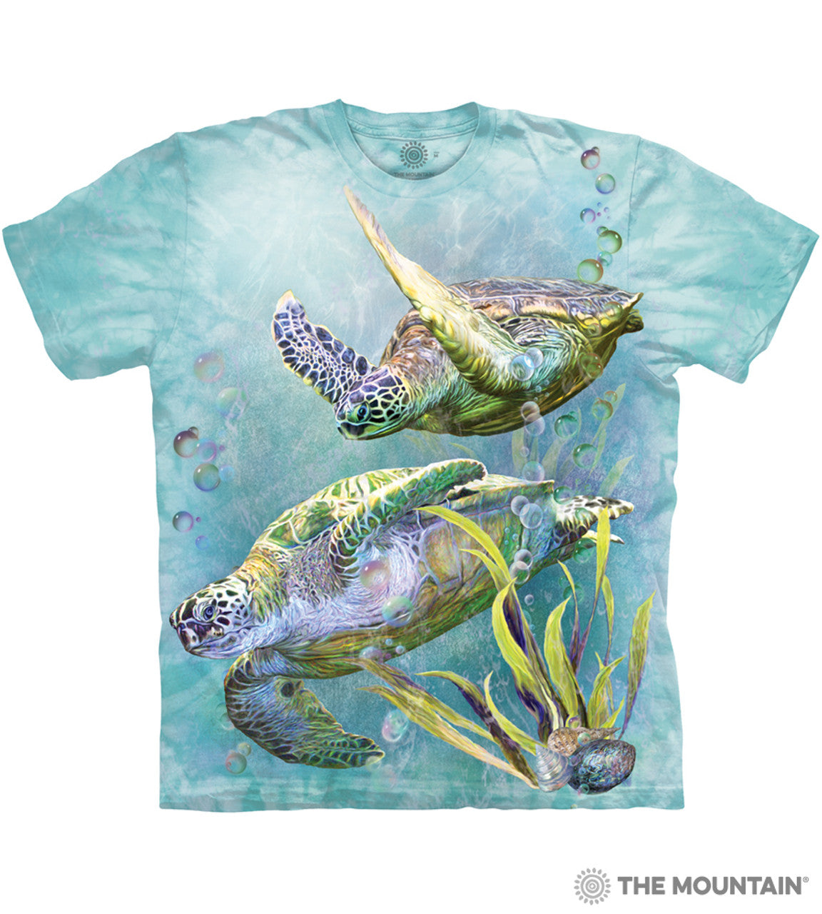 Aqua mottled t-shirt with two sea turtles, bubbles, seaweed and shells