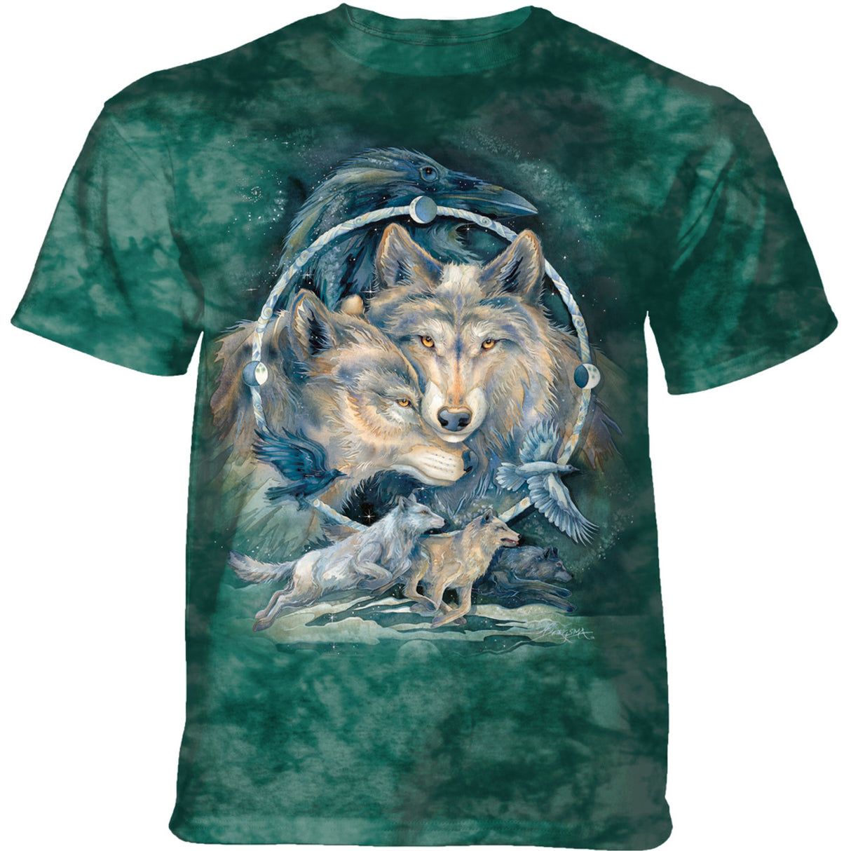 T-shirt with a design of two wolves, ravens, and a dreamcatcher on a green tie-dye background