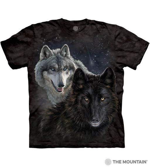 Black mottled t-shirt with grey and black wolves under starry sky