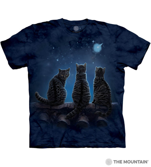 Blue mottled t-shirt with three striped tabby cats sitting on a roof looking at the stars, one looks back with golden eyes, art by Lisa Parker