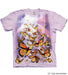 Pale purple-pink mottled t-shirt with orange and black monarch butterflies in a forest
