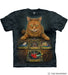 Black mottled tee shirt with orange tabby cat sitting in front of tarot cards and crystal