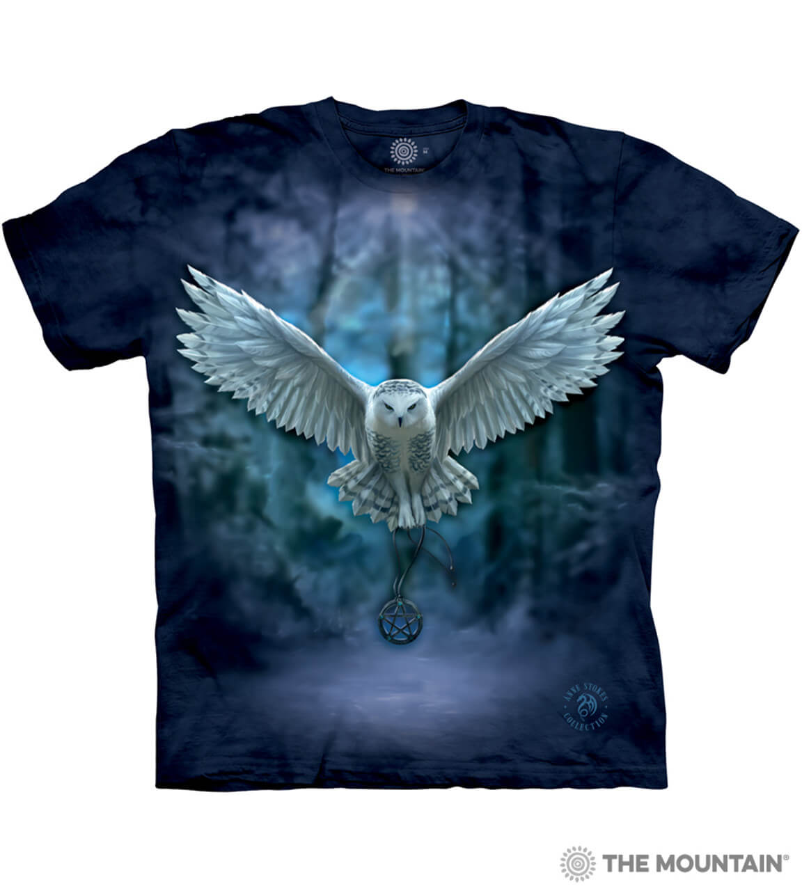 Mottled blue tee shirt with snowy owl flying through winter forest holding pentacle necklace
