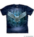 Mottled blue tee shirt with snowy owl flying through winter forest holding pentacle necklace