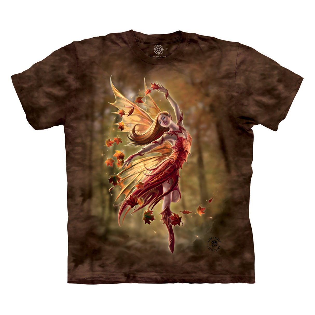 T-shirt in mottled tie-dye brown, with fairy in red/orange dress with orange/yellow wings, dancing in mid-flight surrounded by fall maple leaves