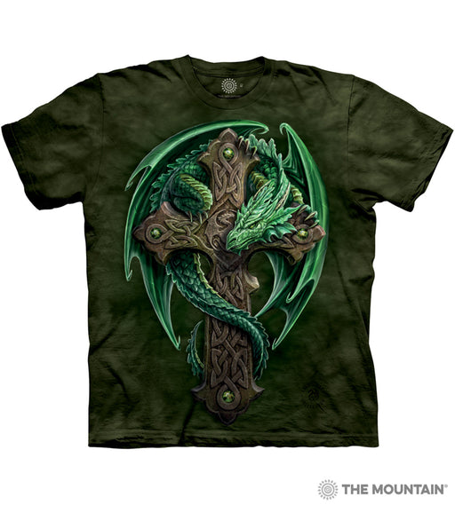 Mottled green t-shirt with green dragon curled around Celtic cross, art by Anne Stokes