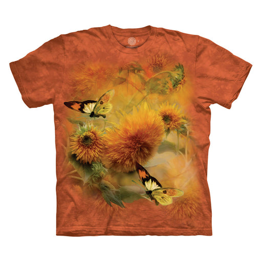 Mottled orange t-shirt with butterflies and sunflowers on it