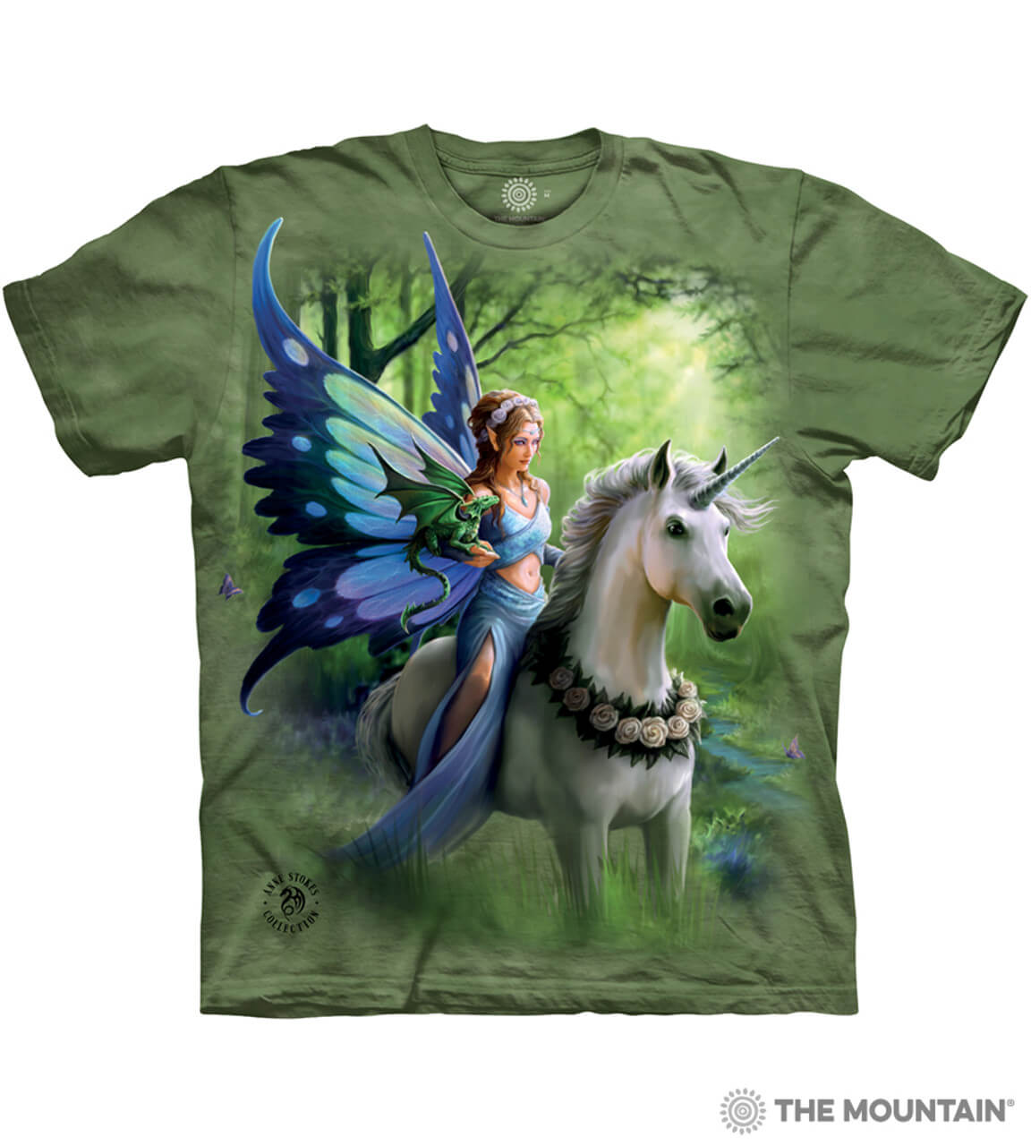 Mottled green tee shirt with blue butterfly winged fairy riding white unicorn with green dragon on her arm