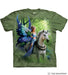 Mottled green tee shirt with blue butterfly winged fairy riding white unicorn with green dragon on her arm