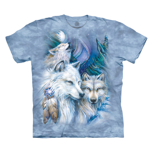 Blue mottled tee shirt with three wolves, art by Jody Bergsma