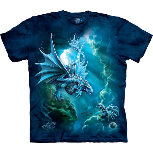 Mottled blue tee shirt with mother and baby sea dragons swimming underwater in a sunbeam. Anne Stokes Age of Dragons logo