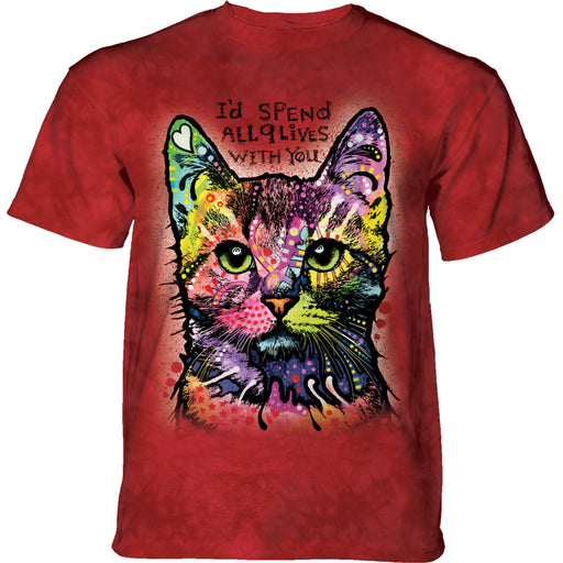 Mottled red shirt with rainbow cat and text that says "I'd spend all 9 lives with you"