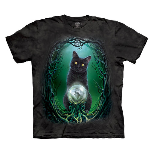 Black mottled tee shirt with black cat, green backdrop, crystal ball with witch inside