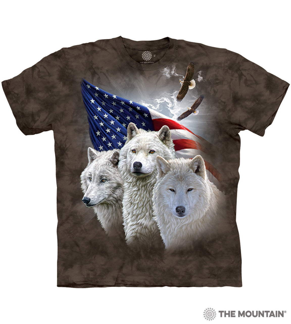 Mottled brown t-shirt with 3 white wolves, American flag, and eagels
