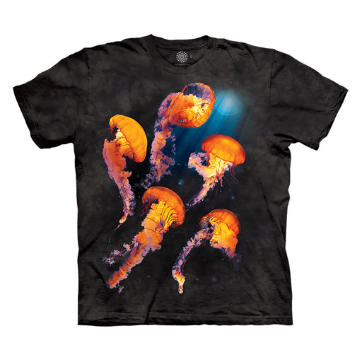 Black mottled t-shirt with bright orange jellyfish