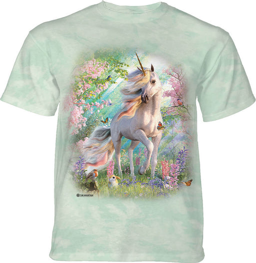 Mottled pale green t-shirt with unicorn amongst flowers. bunny, birds, butteflies