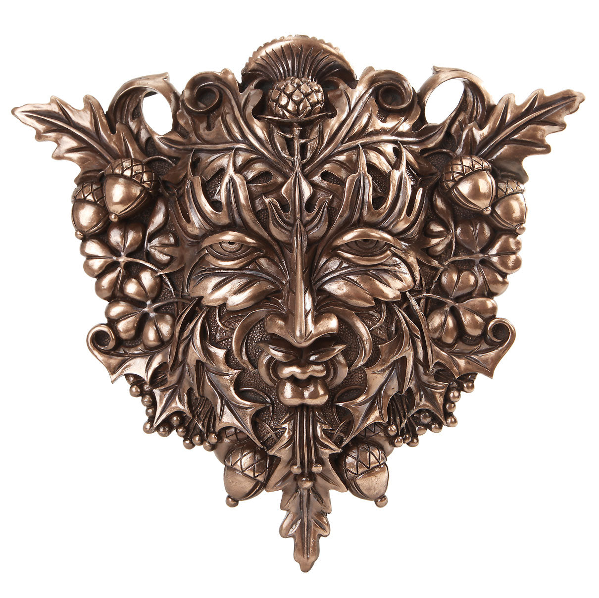 Decorative Greenman face in faux bronze wall art with leaves and acorns on a white background