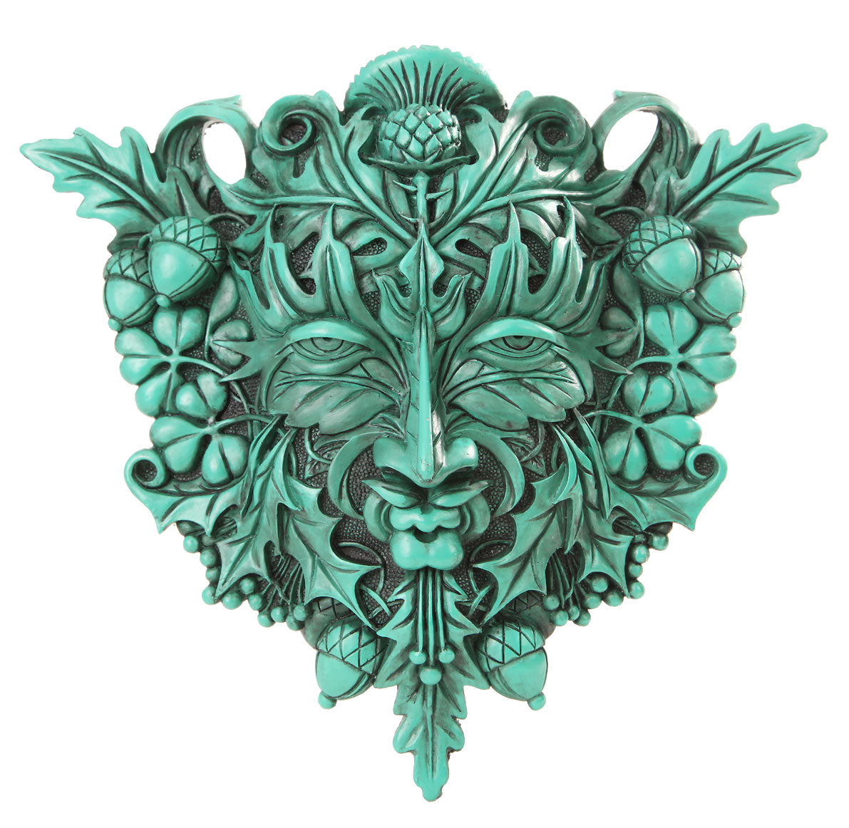 Decorative Greenman face wall art with leaves and acorns on a white background