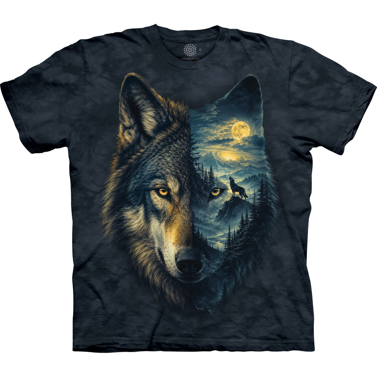 A black tie-dye short-sleeve t-shirt featuring a large graphic print of a wolf's head split into two halves: one side showing a realistic wolf face and the other side showing a moonlit forest scene with a wolf howling.