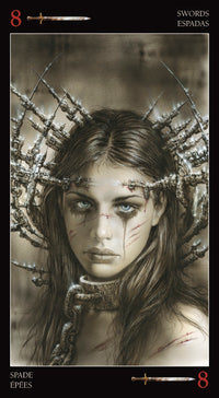 Tarot card featuring a woman with a crown of thorns and the number 8, labeled 'Swords'.