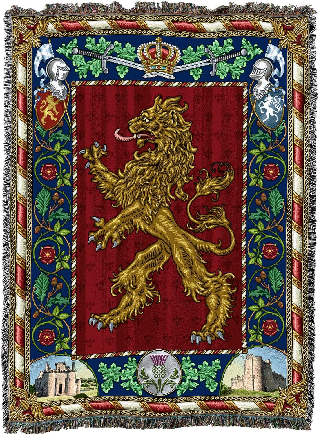 Tapestry blanket with a gold lion emblem on a red background, surrounded by heraldic elements.