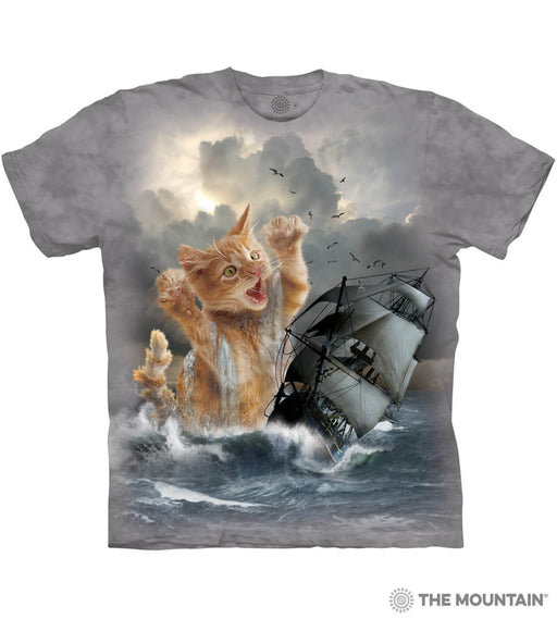 Grey mottled t-shirt with kraken kitten rising from the ocean to destroy a ship