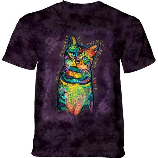 Mottled purple t-shirt with a cat in rainbow colors and fun patterns by Dean Russo. Text reads "In a cat's eye, all things become love"