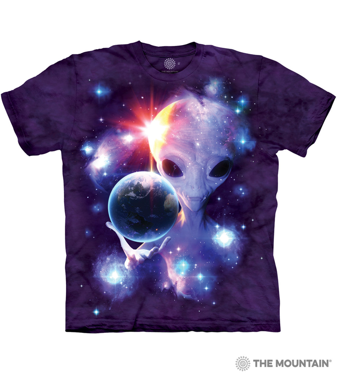 Purple mottled t-shirt with an alien and the Earth, surrounded by stars and suns