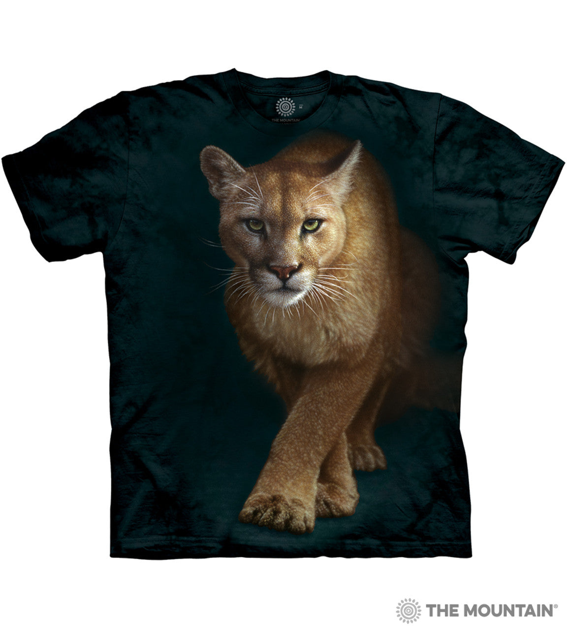 Black t-shirt with a mountain lion graphic on a dark blue background