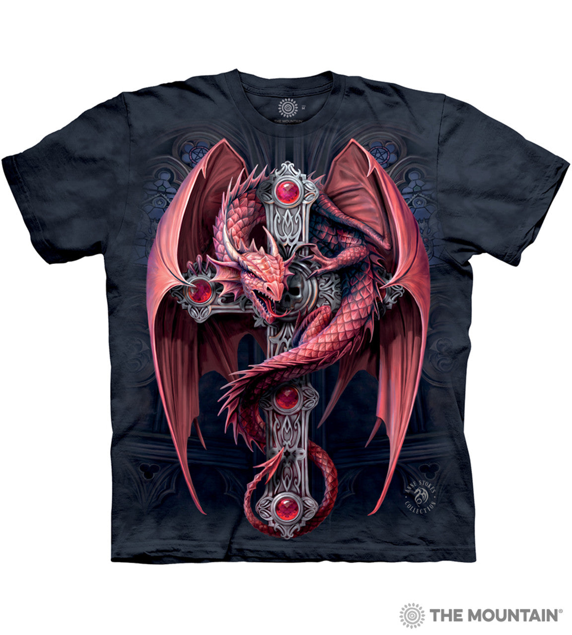Mottled black tee shirt with red dragon curled around Gothic cross with rubies, art by Anne Stokes