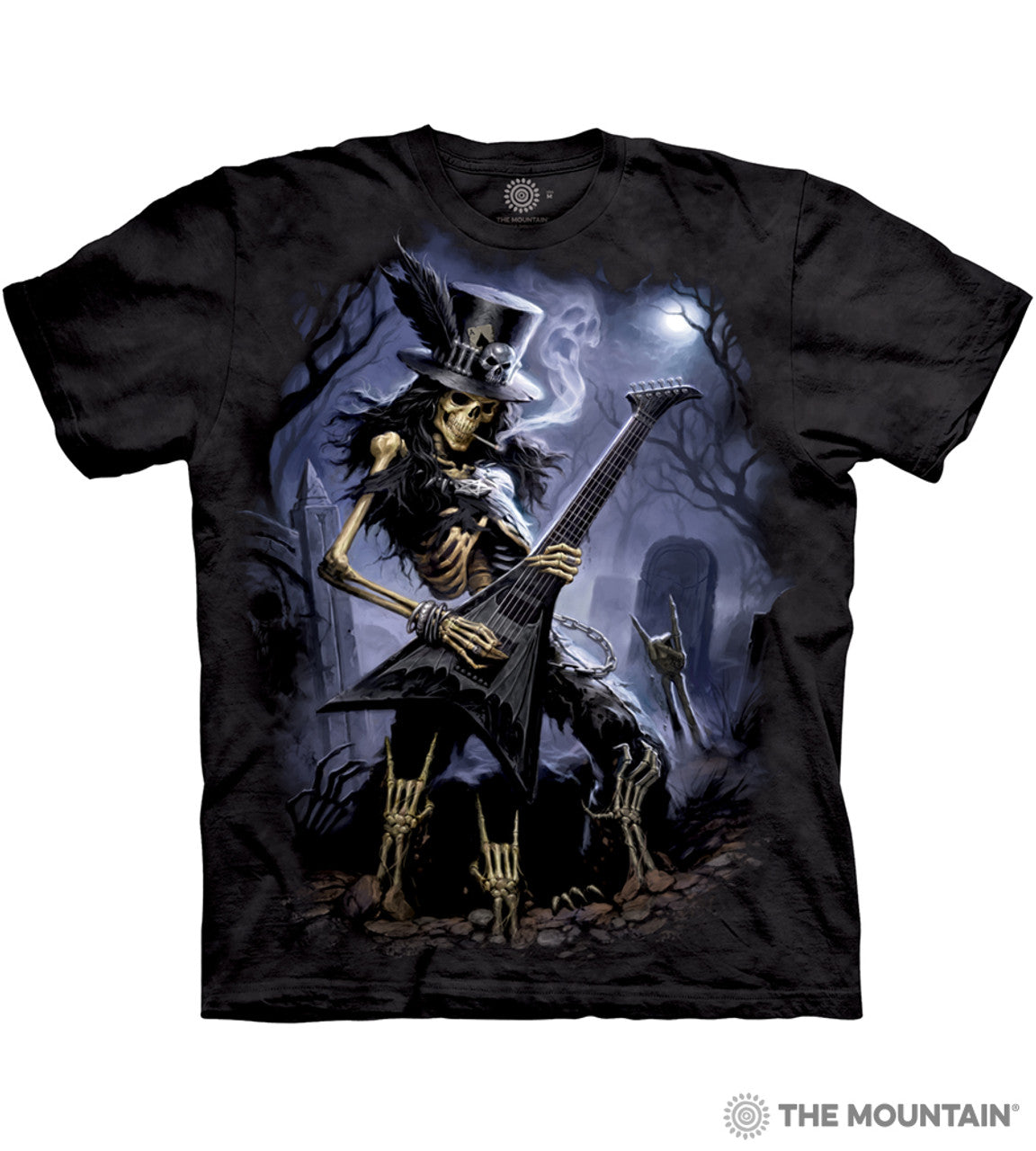Black mottled t-shirt with skeleton in top hat playing guitar, bones from the earth throwing the horns sign, graveyard beyond