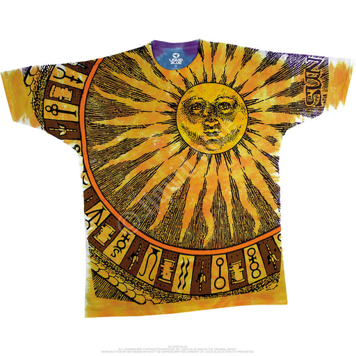 Front of t-shirt, golden yellow tie dye sun