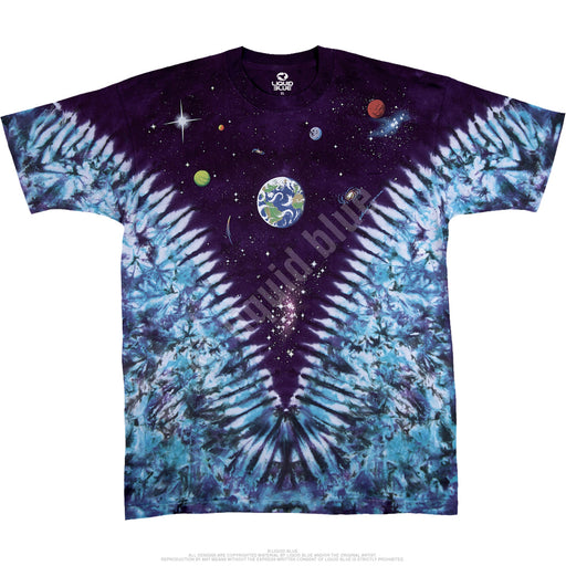 Blue and purple tie dye shirt with stars and planets