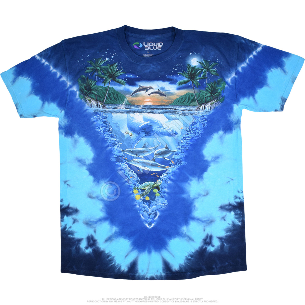 Tie dye t-shirt in shades of blue with islands, dolphins, whales, turtle, fish