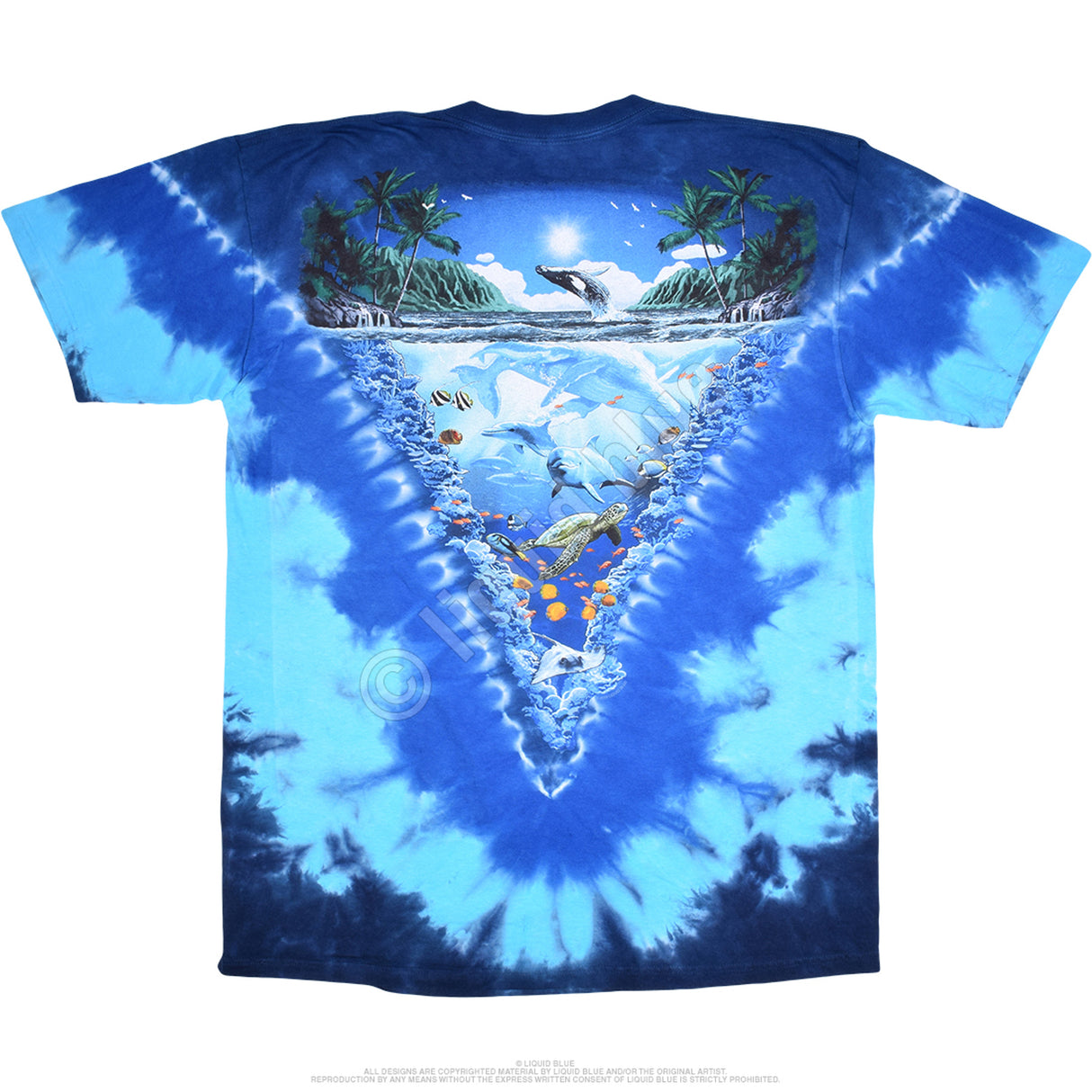 Tie dye t-shirt in shades of blue with islands, dolphins, whales, turtle, fish