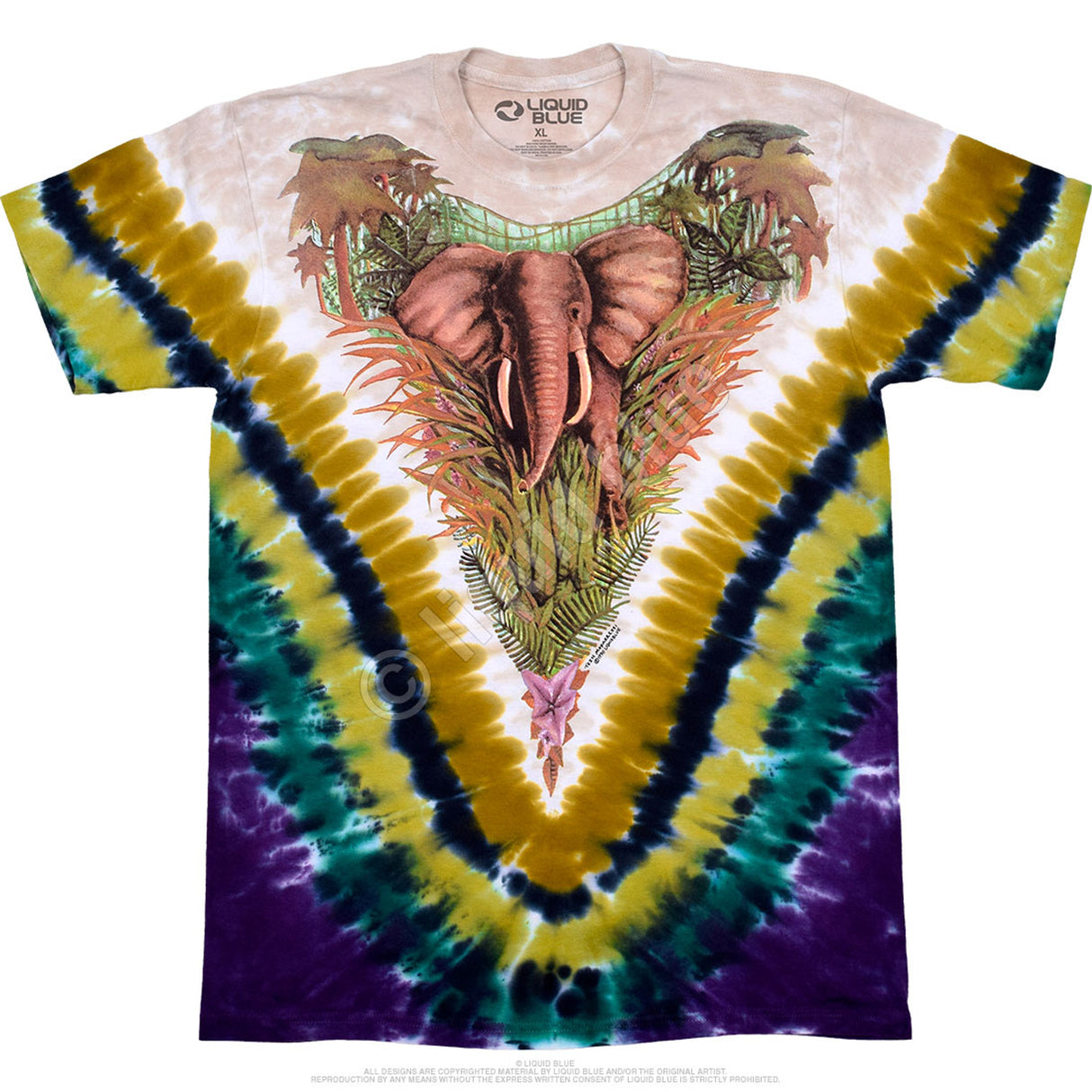 Front of tie dye t-shirt in cream, yellows, green purple with elephant
