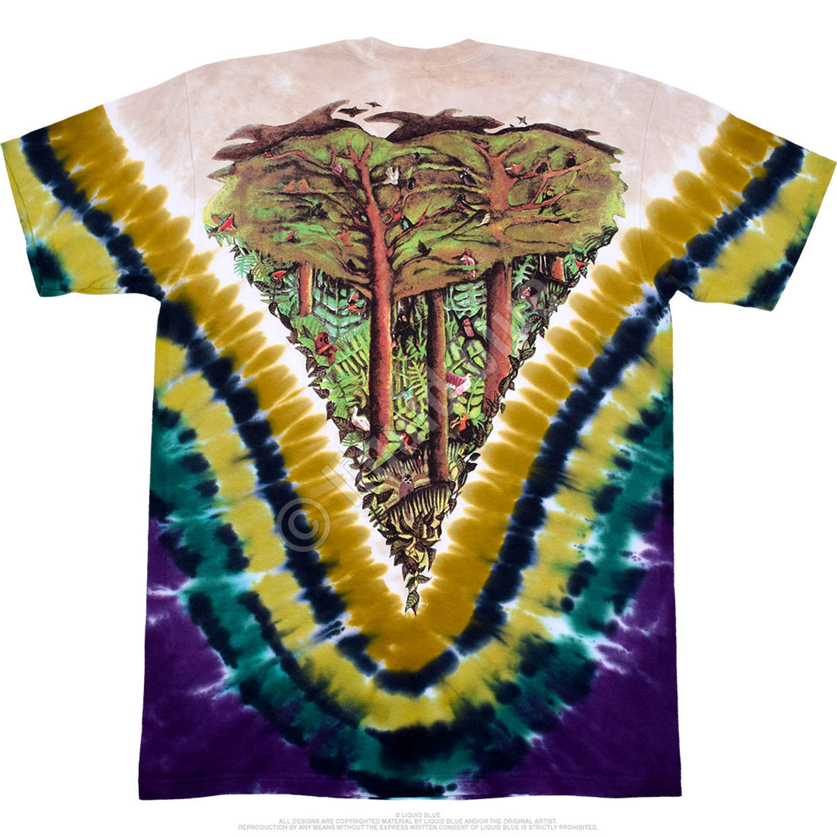 Back of tie dye t-shirt with greens, purple, showing jungle tree scene