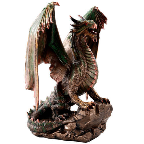 Figurine of a metallic bronze dragon with wings spread and mouth open