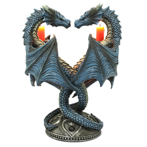 Two dragons curling around each other to form a heart, holds two taper candles (shown examples). Dragons are blue, base is faux stone