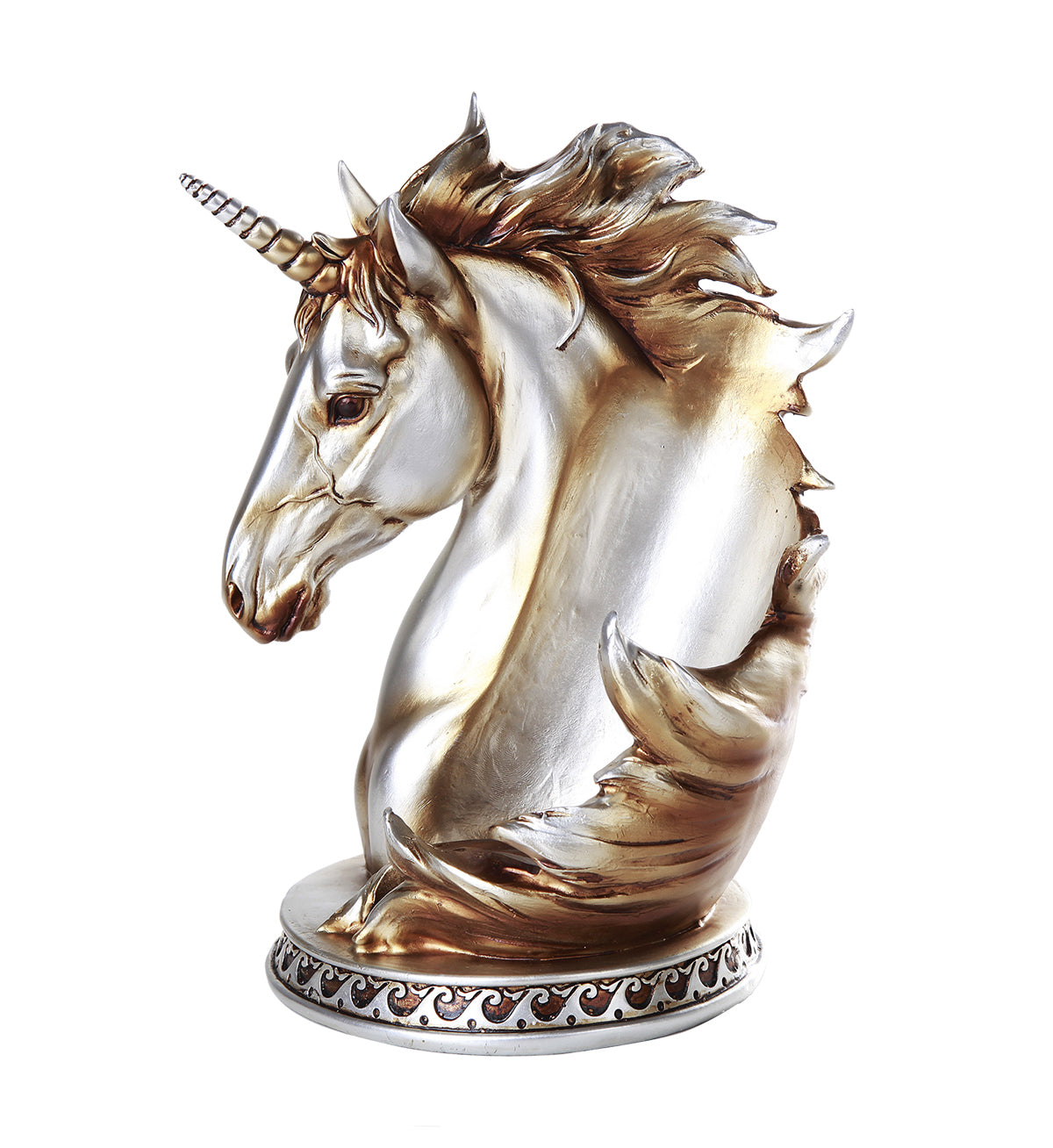 Winebottle holder shaped like a unicorn head and bust with flowing mane to hold the bottle in place