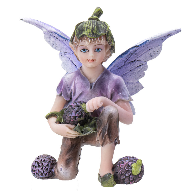 Fairy boy figurine with purple wings, green flower bud hat, holding a berry with more berries next to him