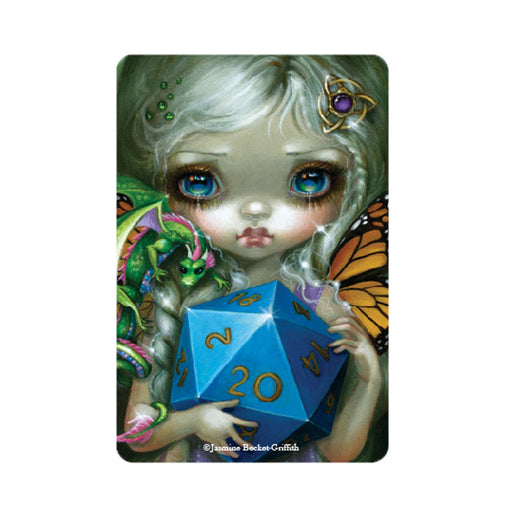 Magnet of blond fairy with orange butterfly wings, green dragon, blue 20 sided dice