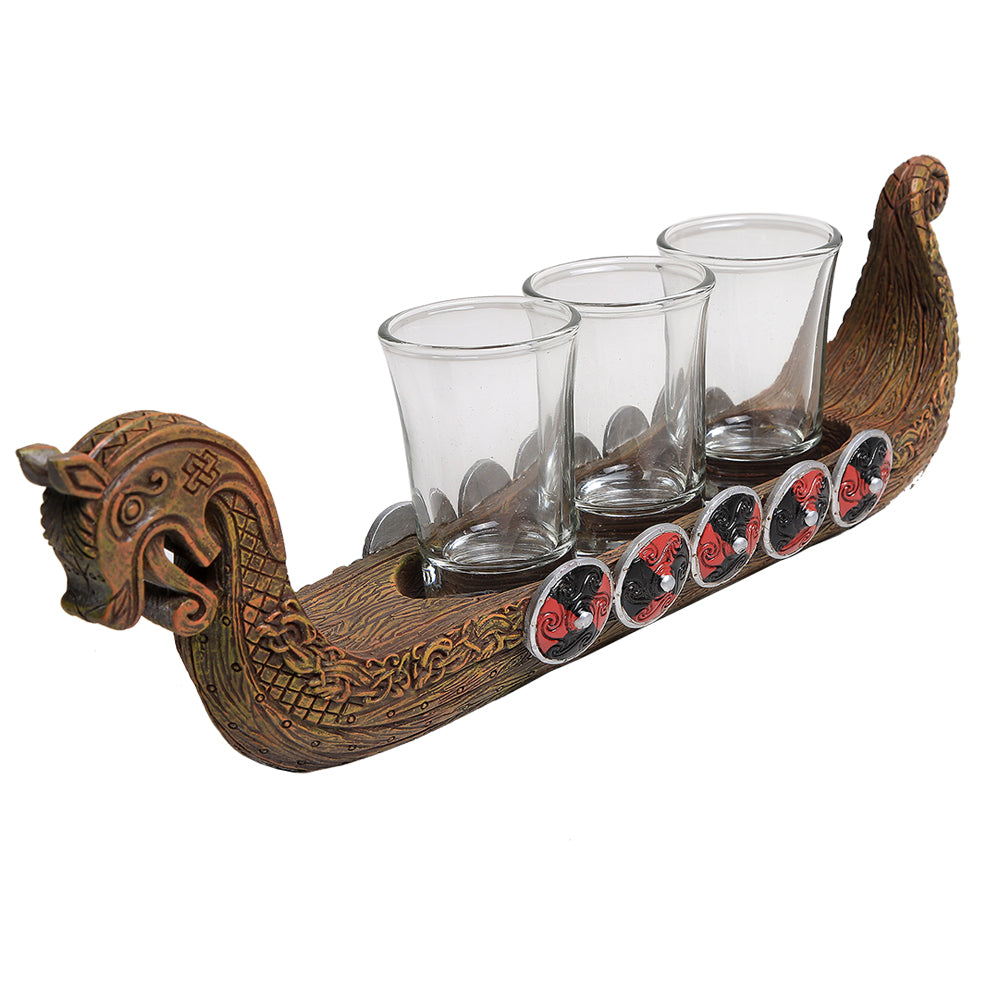 Shotglass holder with 3 glasses shaped like Norse Viking longship