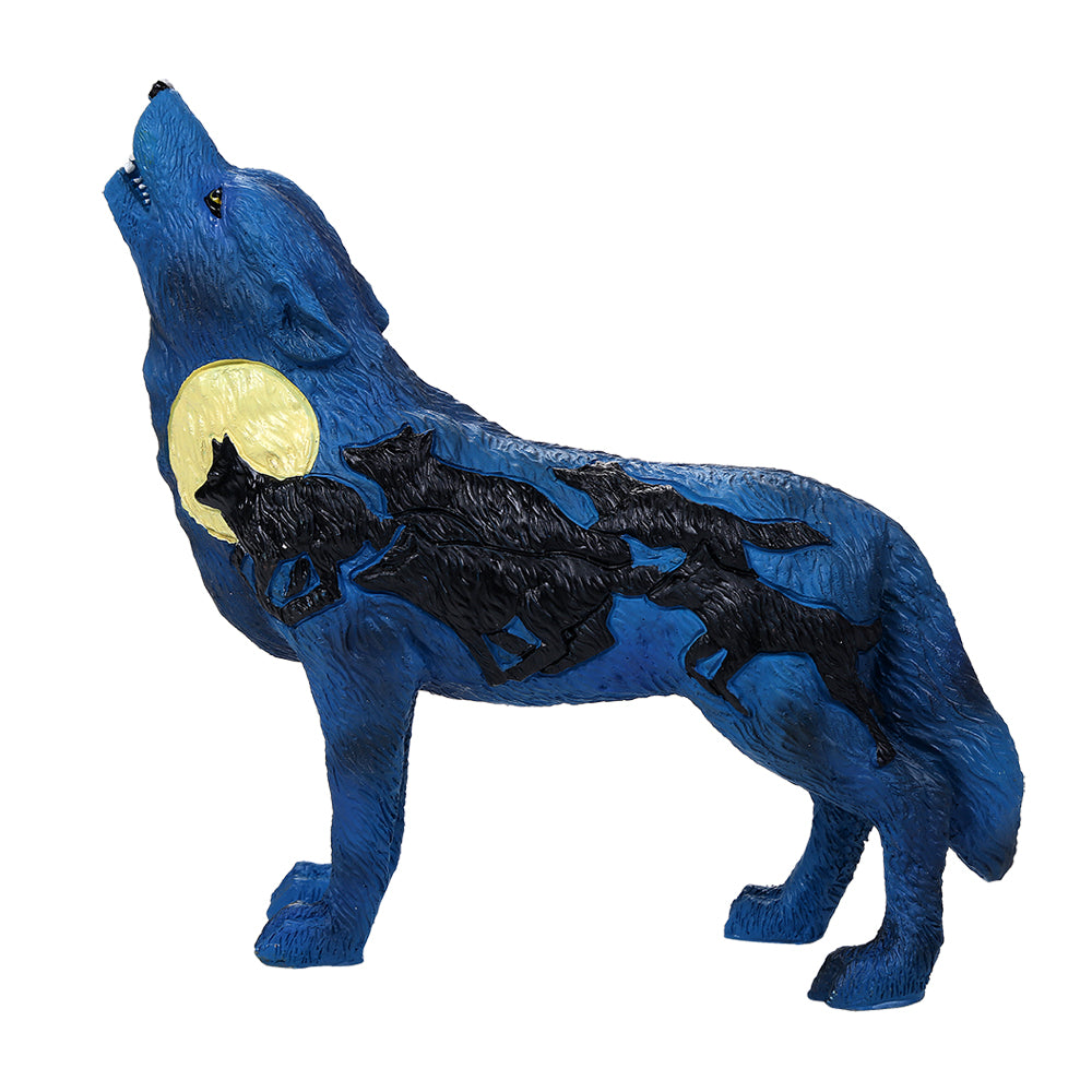 Blue wolf figurine with black wolf pack markings and a yellow moon on a white background