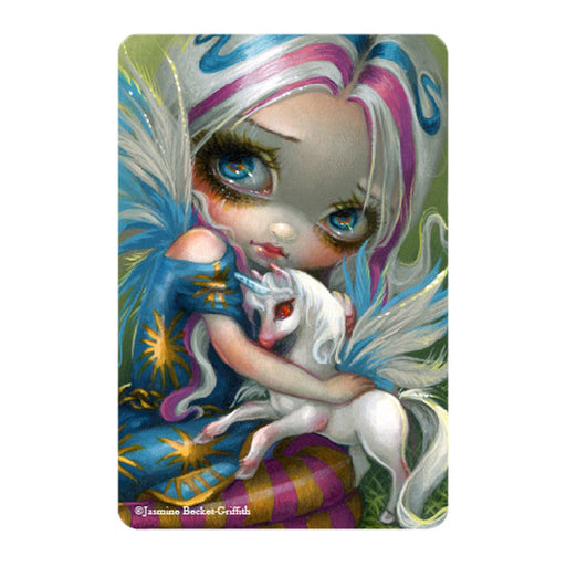 Magnet of a colorful fairy holding a small white winged unicorn with red eyes