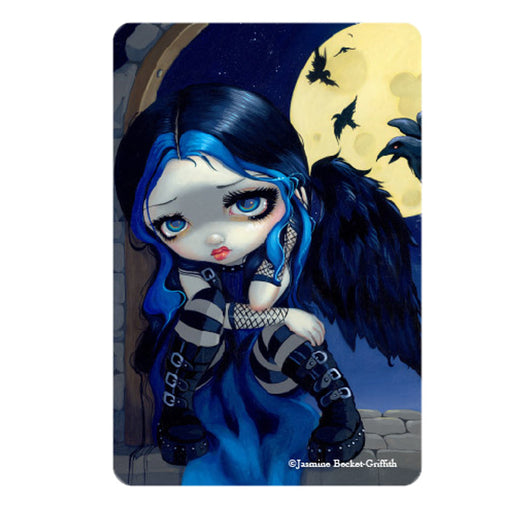 Magnet of fairy with blue hair, black feathered wings. Sitting with ravens in front of full moo