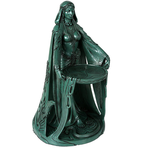 Green figurine of Danu the Irish goddess with celtic designs