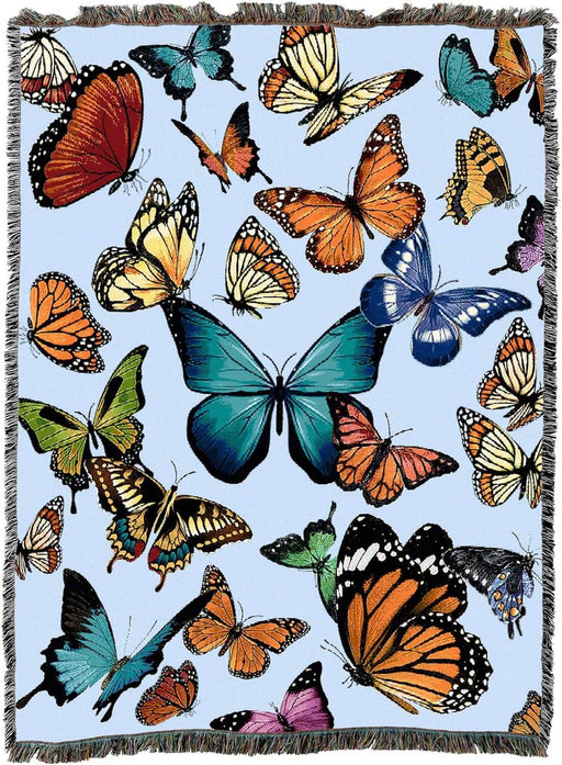 Tapestry blanket of colorful butterflies on a blue background