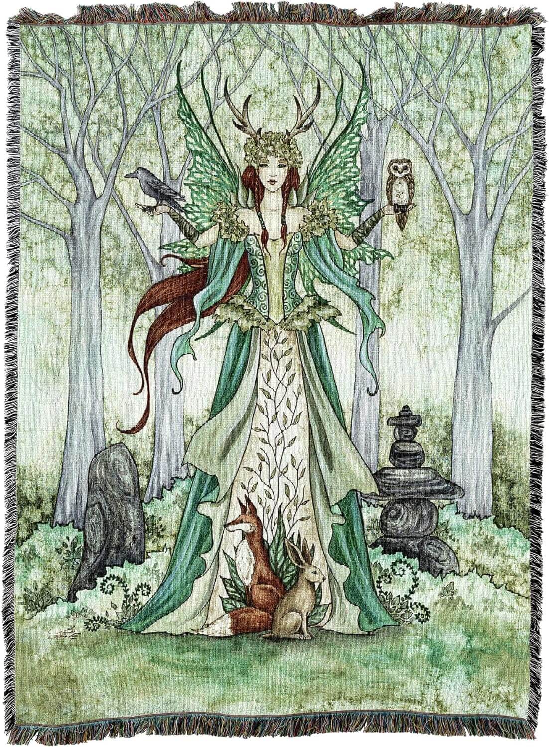 Tapestry Blanket of fairy in green with fox, owl, hare, and raven standing in a forest