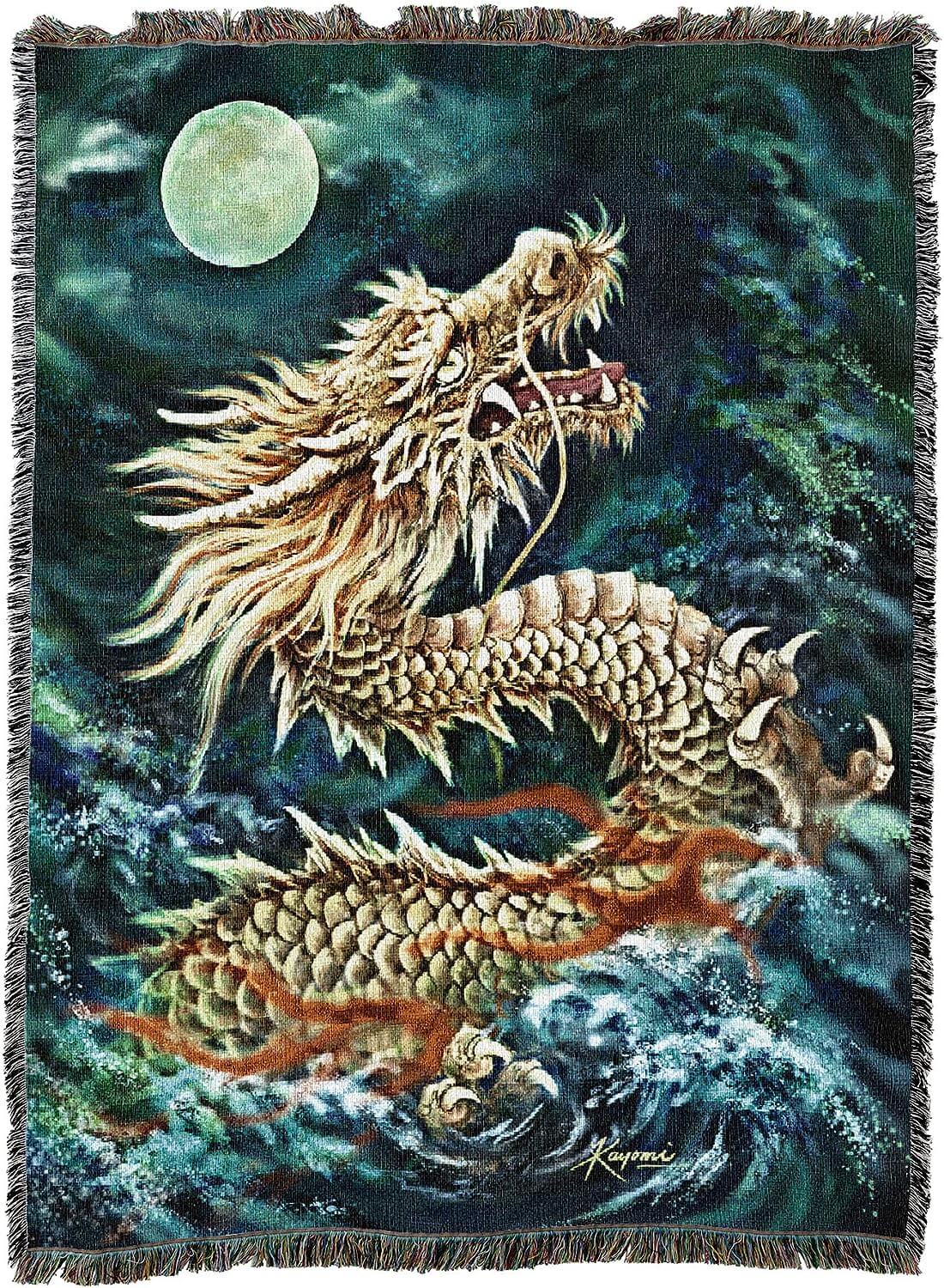 Tapestry blanket featuring asian dragon in the sea under a full moon by artist Kayomi Harai